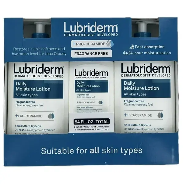 Lubriderm Daily Lotion, Nourishing Liquid Body Care with Daily Moisture, Fragrance Free Formula to Hydrate Skin in a Pump Bottle, Daily Moisture Nourishing