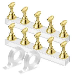 Nail Stand Acrylic Clear Nail Art Display Stand Practice Manicure Nail Holder for Painting Nails Magnetic Practice Stands with Double-sided Tape For DIY Salon Supplies Nail Art Accessories (Gold)