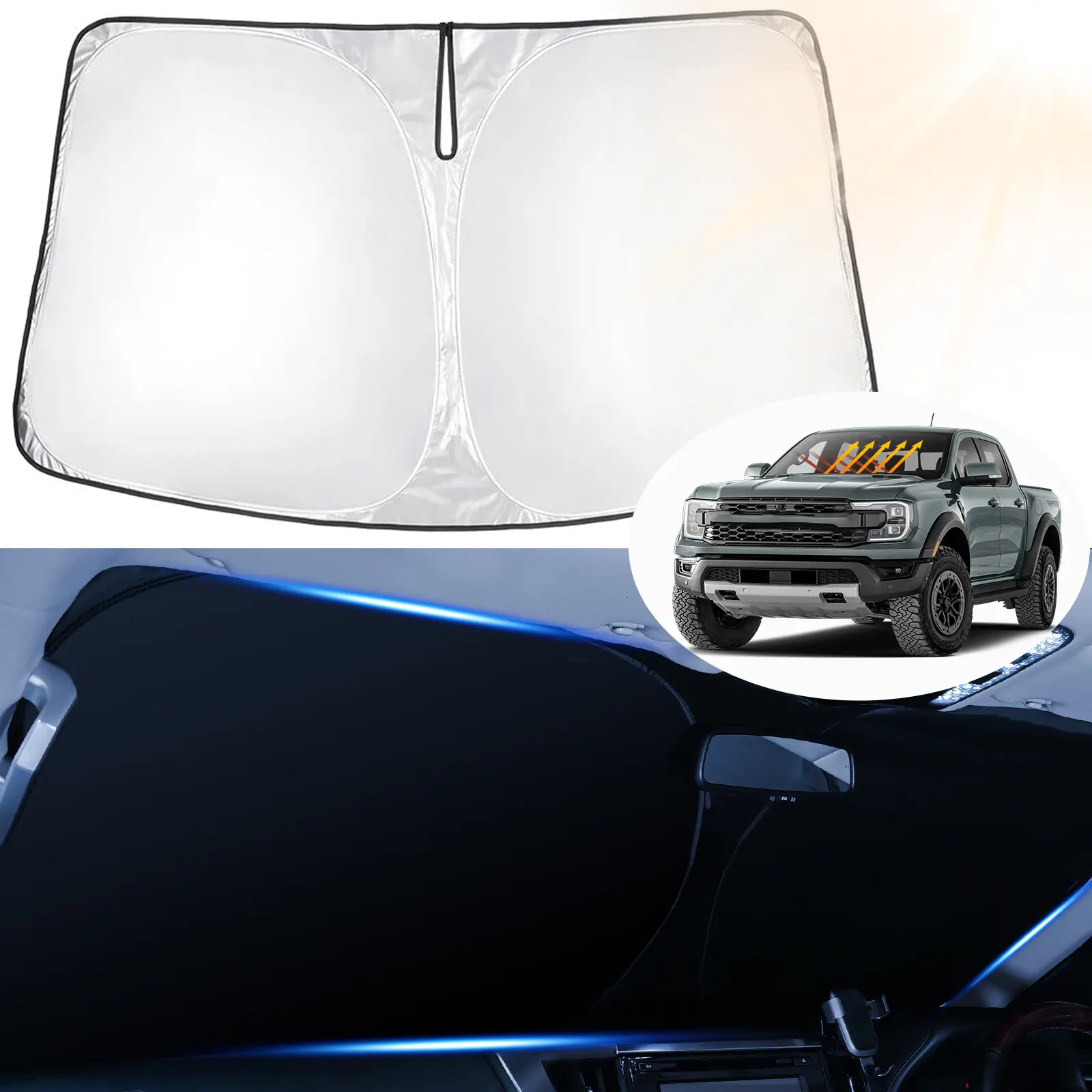 Canvcle Custom Fit Car Sunshade Windshield Outside for Ford Ranger 2019-2026, 240T 5-Layer Reflective Foldable Fabric, 99% UV-Blocking Front Window Sun Visor Shield, Cool-Keeping Car Exterior Accessory