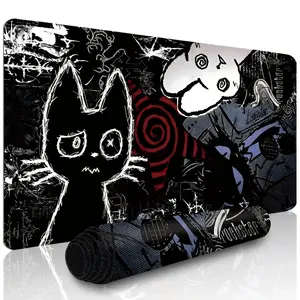 1pc Extended Gaming Mouse Pad and PC Desktop Keyboard Mat - Punk Anime Cat Design, Gothic Skull, Japanese Manga Art Pattern - Laptop Protective Study Desk - Durable Non-Slip Base, HD Printing, Dark Aesthetic, Available in XL XXL