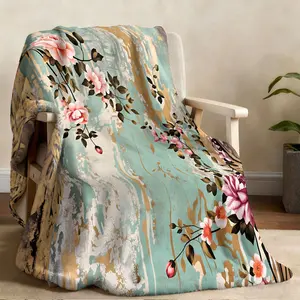 1 piece of light luxury art floral blanket gold and white texture powder rose print flannel blanket is skin-friendly and soft, machine washable suitable for office camping, suitable for all seasons, flannel fabric sofa blanket bed blanket