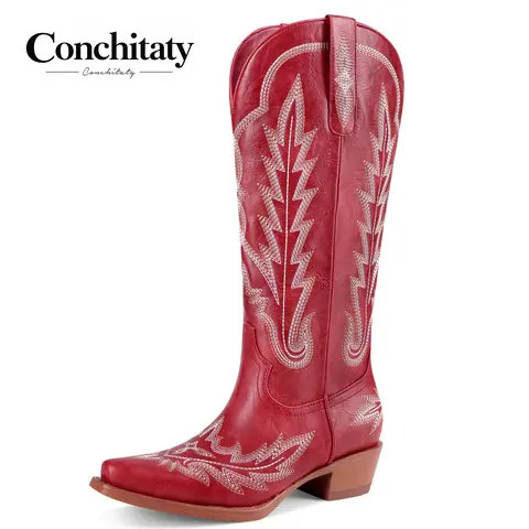 CONCHITATY  Embroidery Western Boots for Women, Comfortable Chunky Heel, Perfect for Fall Outfits,Women's Shoes,Women's Boots