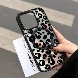 Black leopard print Patterned magnetic MagSafe quick-release protective case, suitable for iPhone 17/16 Pro Max, 15 Pro, 14, 13, 12 Mini, 11, XR, XS Plus, SE, shockproof and anti-slip, ultra-thin silicone transparent acrylic protective case