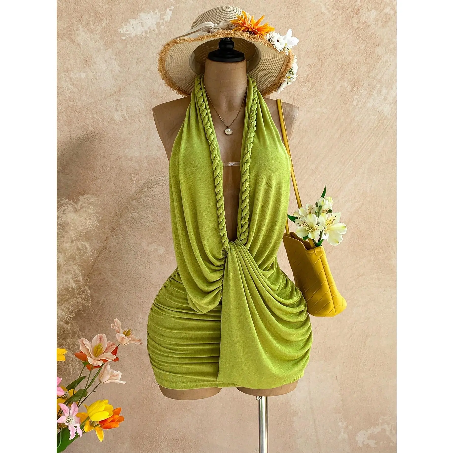 DealsForYouDays Solid Color Backless Halter Mini Dress, Suitable For Vacation & Beach ,Summer Dress,Beach Vacation Outfits For Women