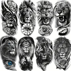 8 Sheets Realistic Warrior Lion Temporary Tattoos, Waterproof Fake Tattoo Stickers, Long Lasting Arm Leg Decals for Men Women Adults, Face Tattoos