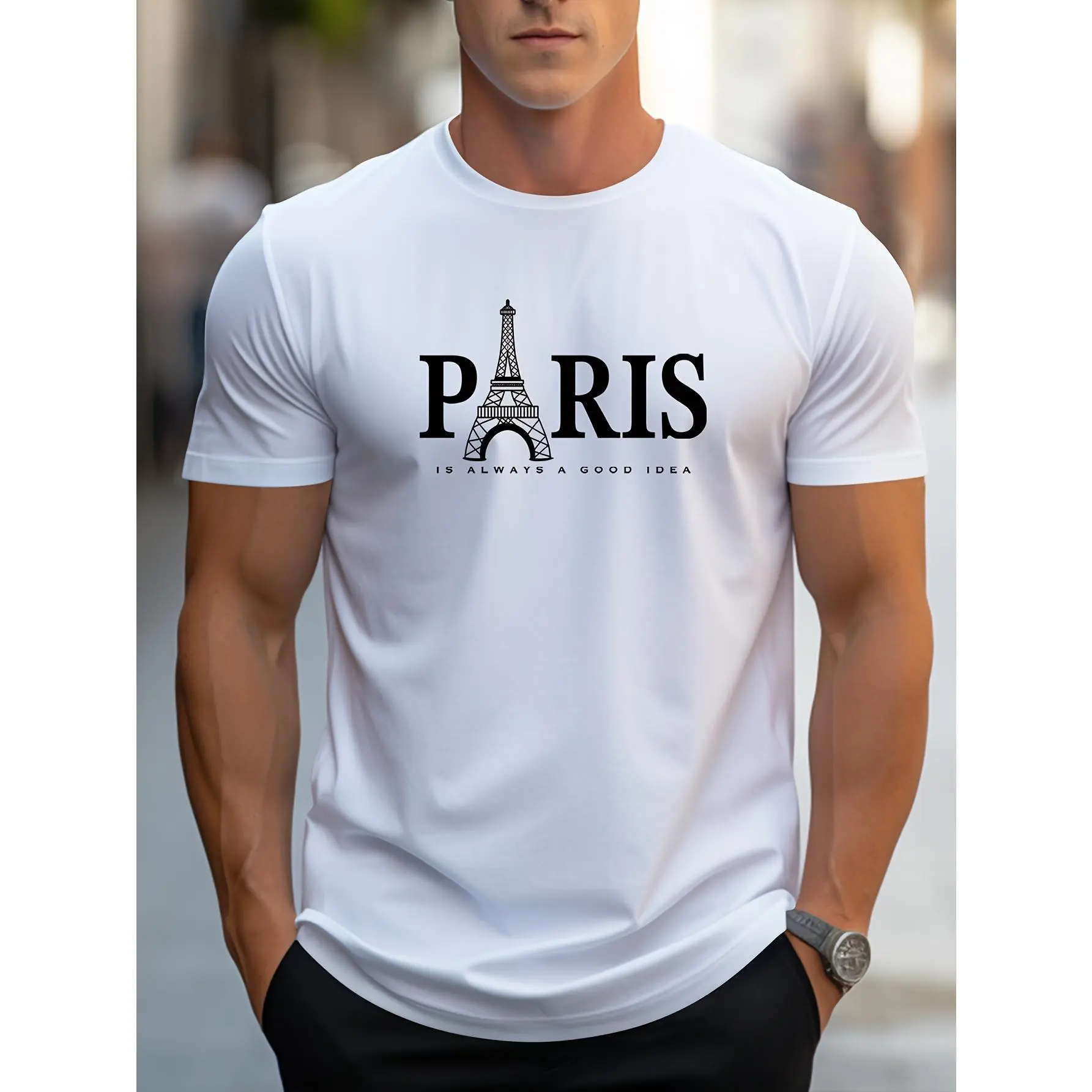 Graphic Tee Men's Paris Eiffel Tower Graphic Tee - Casual Crew Neck, Short Sleeve T-Shirt with Stretch Fabric, Machine Washable - Summer Essential
