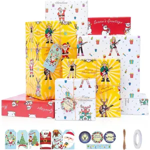 Christmas  Wrapping Paper Set with Xmas  Tags Twine & Tape, 6 Sheets Colorful Holiday Wrapping Paper, Rock Santa Snowman and Reindeer Design for Boy, Girly, Coworker,