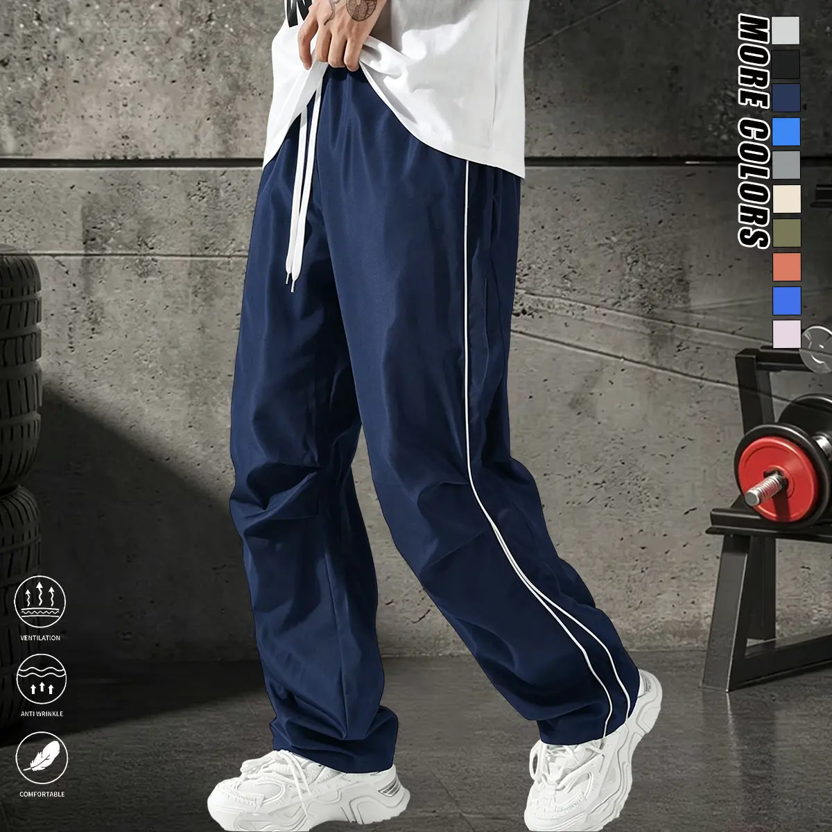 Men’s casual athletic pants, American loose high-street parachute pants, classic line design, drawstring waist, breathable fabric, suitable for all seasons, perfect for everyday wear and outdoor activities.