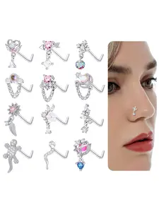 12Pcs Nose Ring Nose Stud L Shaped Snake Butterfly CZ Flower Moon Dangle Nose Rings Stud for Women Men Silver Gold Tone 20G