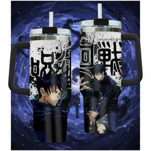 Megumi Fushiguro JJK 40oz Insulated Tumbler | Jujutsu Kaisen Anime Graphic Travel Mug with Handle & Straw | Durable Coffee Cup for Superfans