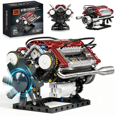 V8 Engine Model Building Kit - Buildable Blocks Kit with Moving Parts, Collectible Construction Set for Car Mechanics, Ages 5+ Desktop Toy & Gift (Requires Assembly)