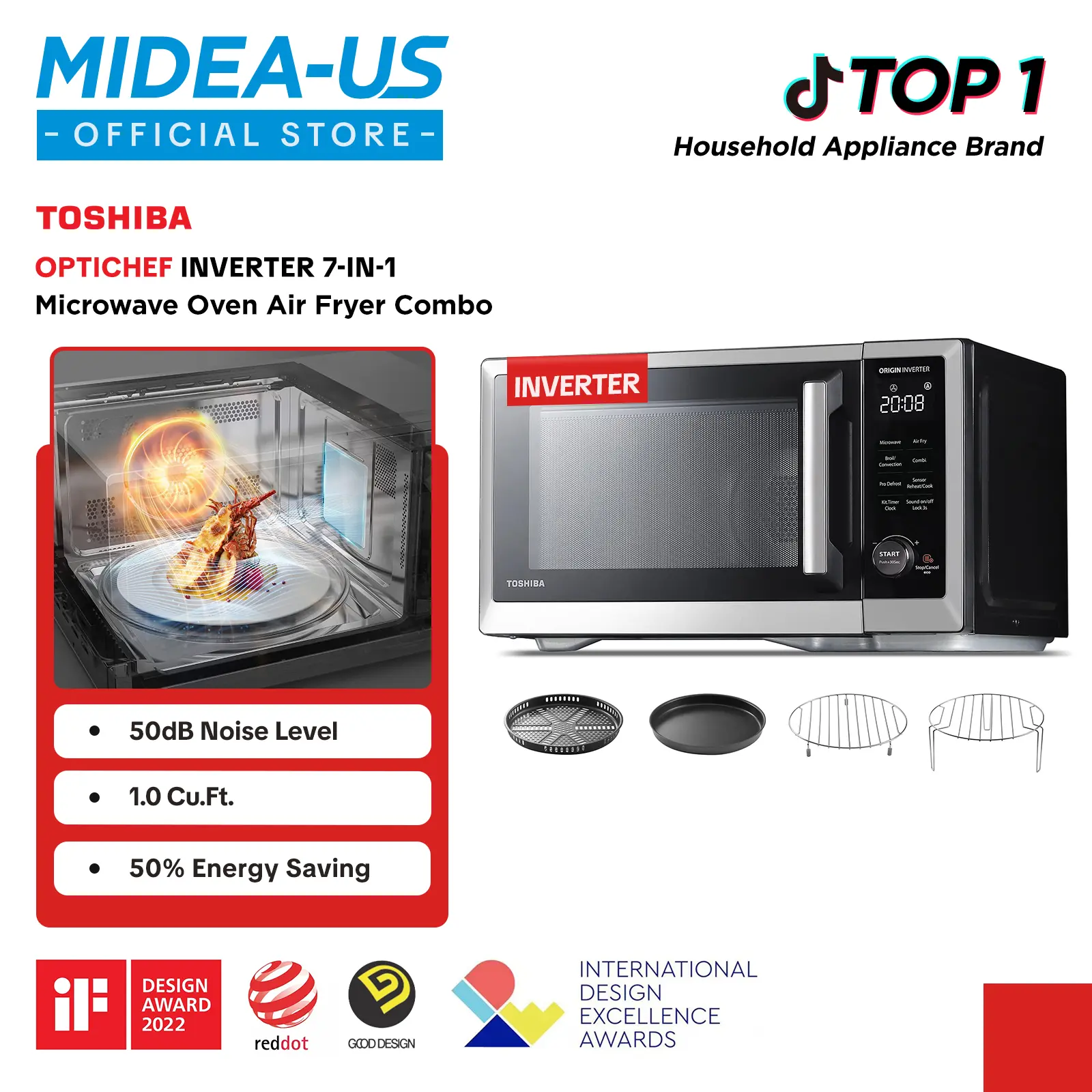 TOSHIBA OptiChef Classic 7-in-1 Countertop Microwave Oven, 1.0 cuft. Air Fryer Combo with Inverter Convection, Humidity Sensor, Even Defrost, 27 Auto Menu & 47 Recipes Kitchen Appliances