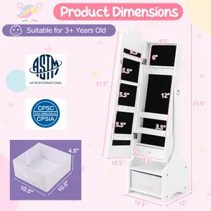 COSTWAY - Kids Princess Vanity Table and Stool Set with Jewelry Cabinet and Mirror Drawer-White