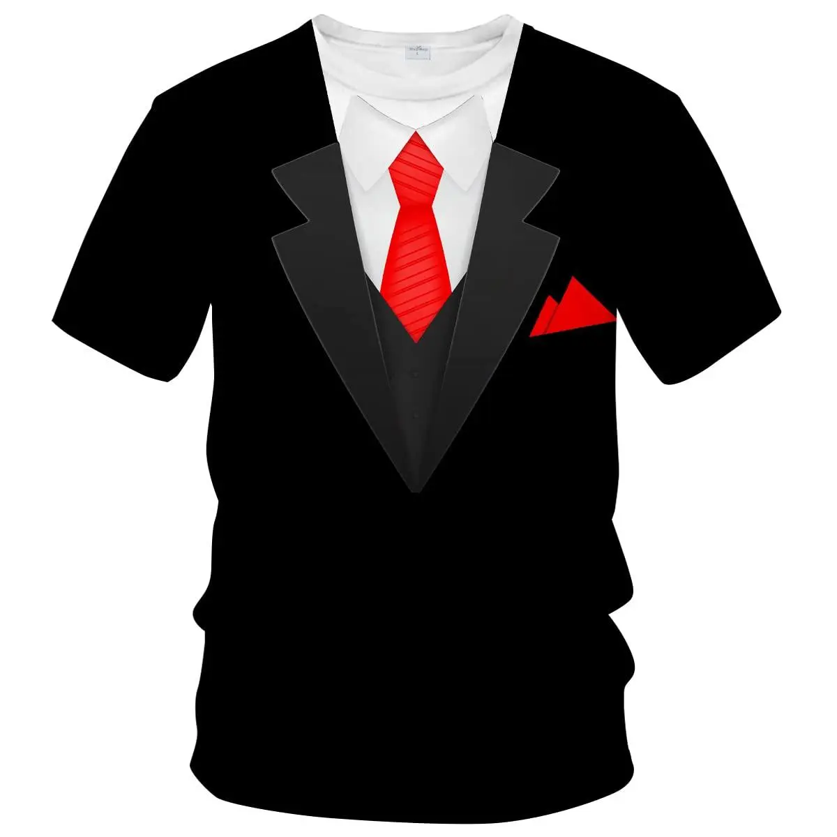 Unisex Black T - Shirt with Tuxedo Print (White Dress Shirt, Red Striped Tie & Pocket Square) - Formal Casual Top for Adults, Perfect for Weddings, Parties, Date Nights & Special Occasions