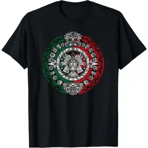 100 Percent Cotton Aztec Calendar T Shirt Featuring Azteca Sun Stone Design and Mexico Flag Artwork