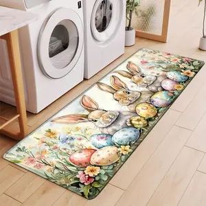 Cute Easter Bunny and Easter Eggs Pattern Flannel Floor Mat, Non-slip Rug, Soft, Machine Washable, Rectangle Shape, Ideal for Hallway, Bathtub Side, Living Room, Bedroom, Kitchen, Holiday Decor