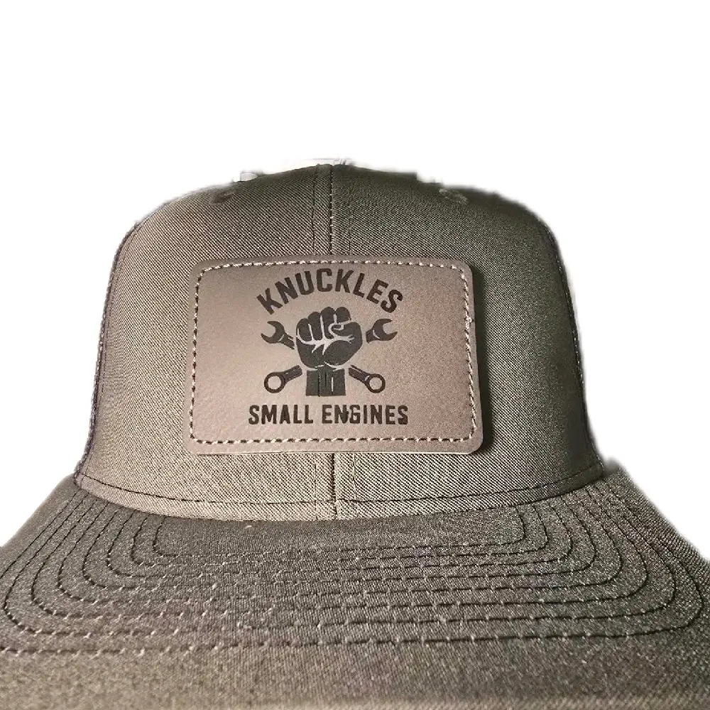 Knuckles Small Engines Olive Green Trucker Hat with Leather Patch and Adjustable Snapback