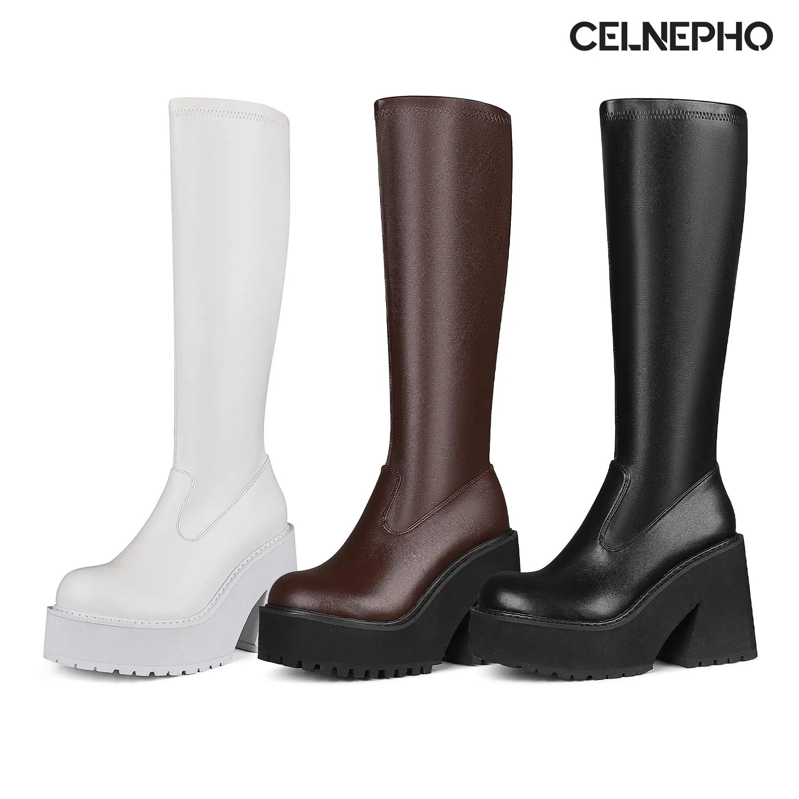 CELNEPHO Platform Boots for Womens Fashion Knee High Boot Round Toe Chunky Block Heel Easy Pull on Comfy Long Tall Punk Work Casual Wear Party Goth Cosplay Concert Nightclub Fall Dressy Shoes