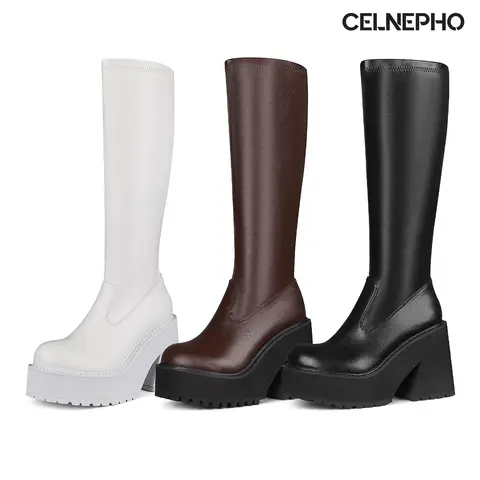 CELNEPHO Platform Boots for Women Fashion Knee High Boot Round Toe Chunky Block Heel Easy Pull on Comfy Long Tall Punk Work Casual Wear Party Wedding Date Gift Goth Cosplay Music Concert Nightclub Fall Dressy Shoes
