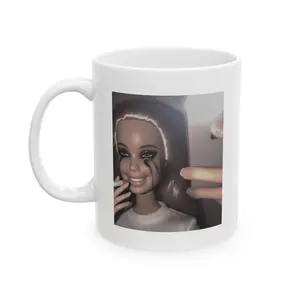 Funny Crying But Smiling Doll Coffee Mug – Dark Humor Meme Mug – Sarcastic Reaction Coffee Cup – Relatable Emotional Humor Mug – Funny Gift for Friends or Coworkers