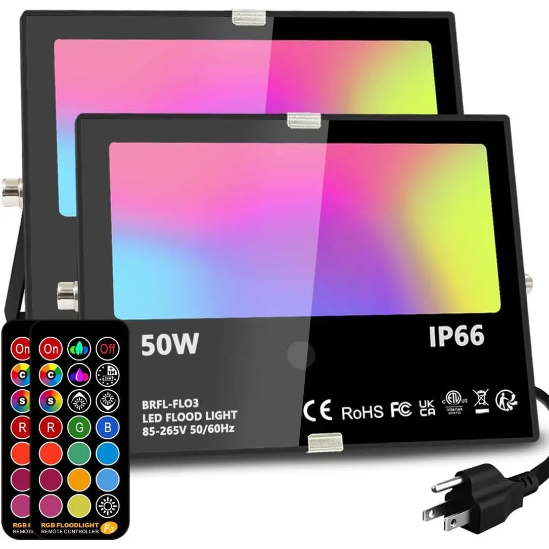 Led Flood Light Outdoor, 50W RGB Color Changing Landscape Lighting with Remote, Timing - 12 Colors - 4 Modes, IP66 ,  3-Plug, (Pack of 2)