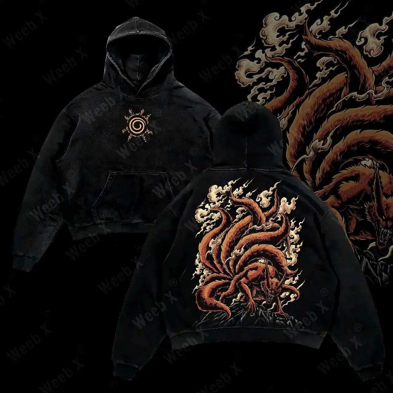 [Weeb X] Kurama Nine Tailed Fox Naruto Shippuden Retro Vintage Unisex Acid Washed Heavyweight Cotton Hoodies, graphic men clothing streetwear R56