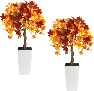 2 Set of 4FT Artificial Maple Tree, Fake Maple Leaves Tree with Wavy Planters Decorative Topiary Plant, Cement Filled Potted Faux Plants for Indoor Outdoor Thanksgiving Harvest Halloween