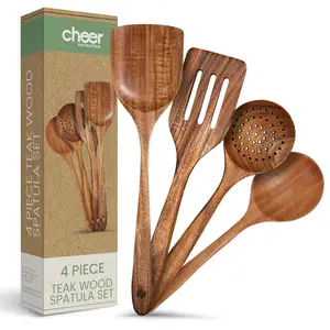 Cheer Collection Premium Teak Wood Spatula Set – Elegant 4-Piece Handcrafted Utensils for Effortless Cooking