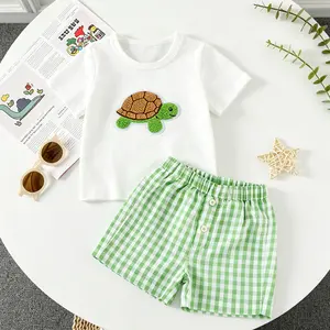Toddler 2-Piece Outfit - Turtle T-Shirt & Green Gingham Shorts Baby Boy Summer Set