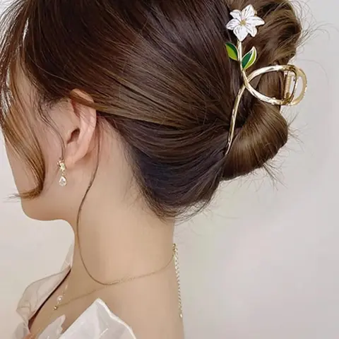 Summer Delicate Fashion Metal Flower and Leaf Decorative Hair Claw Clip, Simple and Elegant Accessory Holiday Birthday Gifts for Women