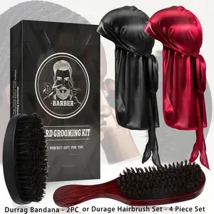 Men Women 360 Waves Brush for Hair Care Kit- Silky Shine & Training, Hair Brush Curly Hair, Wooden Curved Brush, Durag Cap Set, Du-rag Extra Long Tails, Salon Styling Brush
