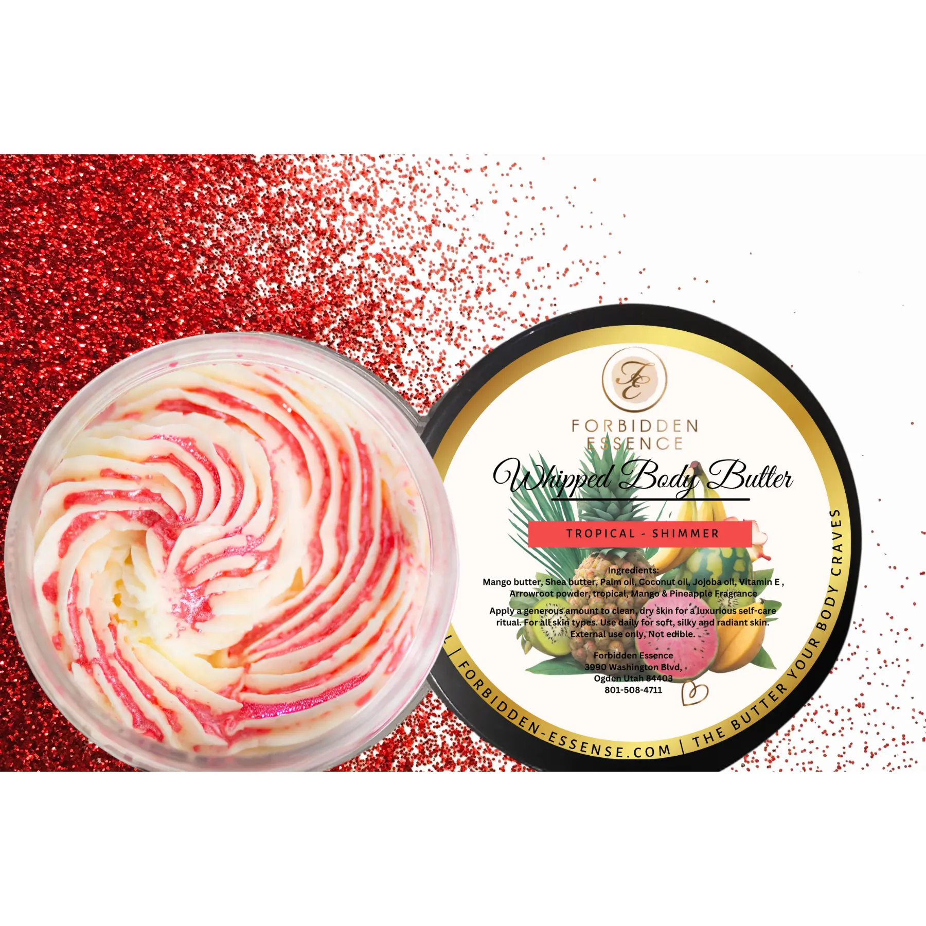 Forbidden Essence Tropical Shimmer Body Butter - Coconut Scent with Glitter, Luxurious Skin Care for Comfort and Skin Repair