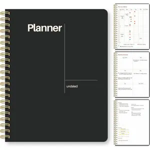 Undated Weekly Planner, 8.5x11" - Dashboard Layout wh Yearly Review, Monthly Calendars, & Weekly , Spiral Bound Organizer for Work, Study & Life (Black)