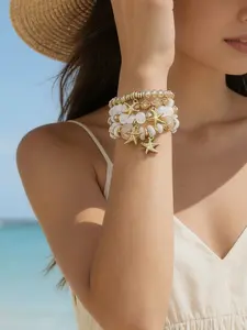 4pcs/set Bohemian Style Starfish Pendant Beaded Bracelet Set, Fashion Stackable Jewelry for Women, Beach Vacation, Daily Wear, Summer Gift, Stackable Bracelets
