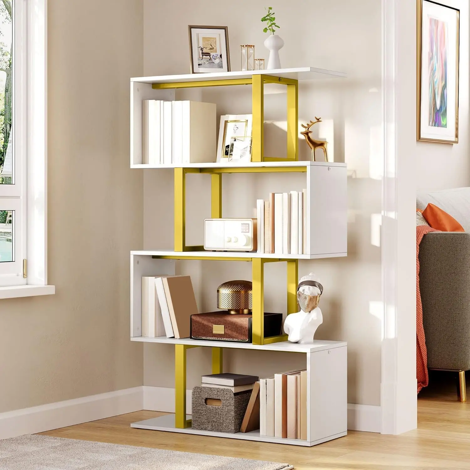 【Dealsforyoudays】Yitahome 5/6 Tier Geometric S-Shaped Freestanding Bookshelf, Water-Resist Board Office Rack with Anti-Fall Kit, Open Shelf for Order & Decor Display in Living Room, Home Office