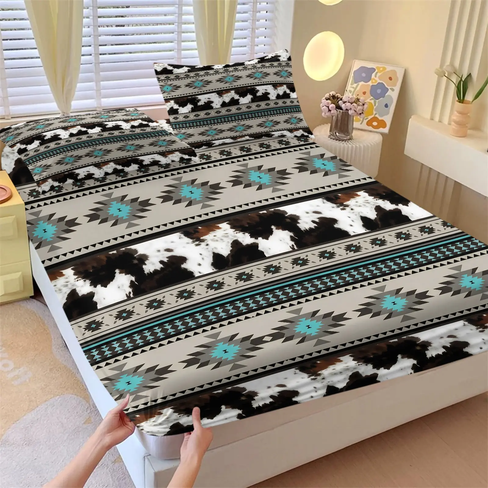 3Pcs Western Aztec Cow Print Fitted Sheet Set with 2 Pillowcases, Southwestern Turquoise Geometric Deep Pocket Elastic Mattress Cover, Boho Cowhide Tribal Bedding, Soft Microfiber Non-slip Bedspread, Printed Bedding Set for Bedroom Decor Bedset