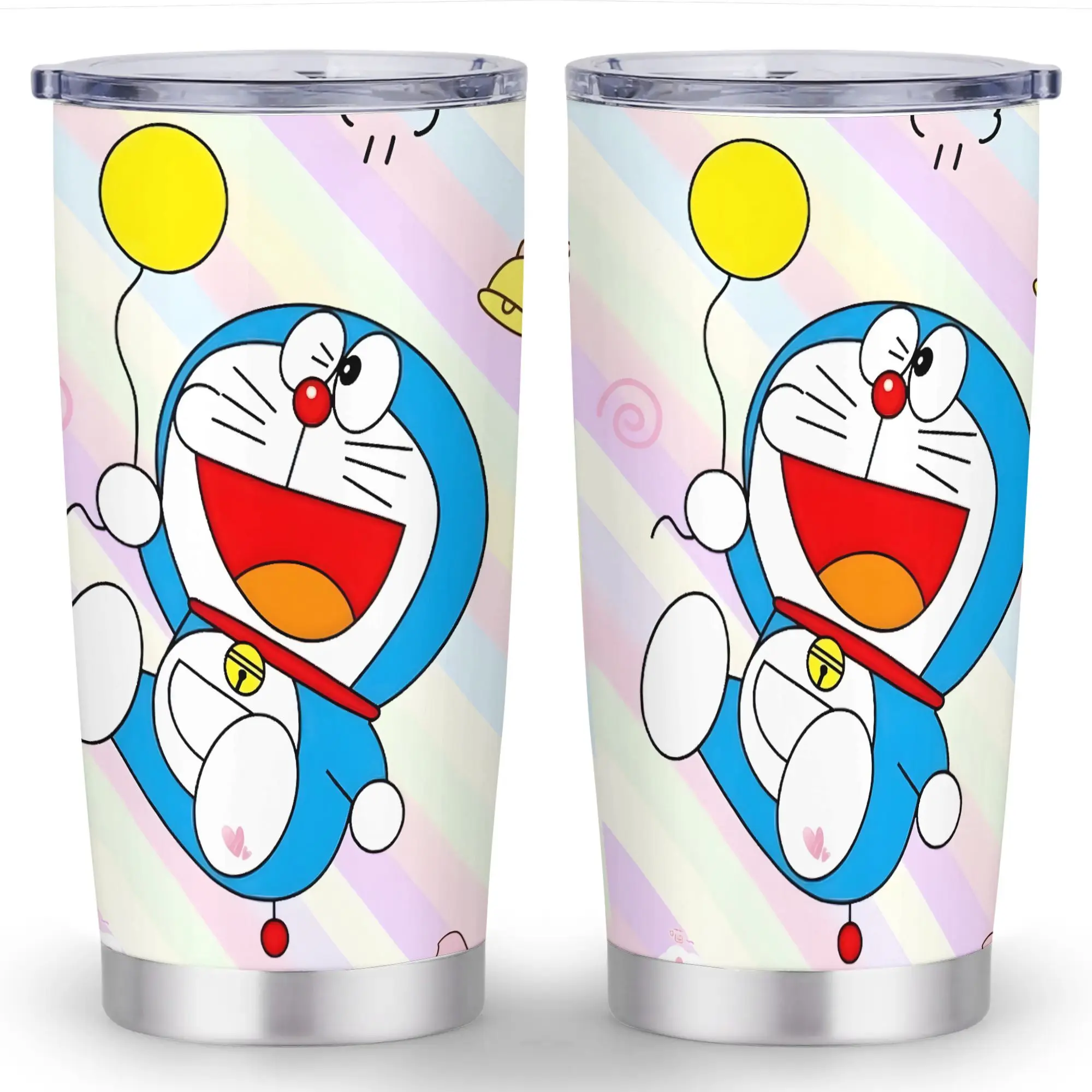 Doraemon Print Brushed Stainless Steel Vacuum Flask - 20oz/500-1000ml Leakproof Beverage Mug, Anti-Scalding Durable Coffee Cup with Cleaning Brush, Car Use for Adults