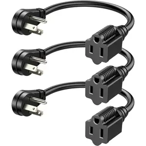 1FT Short Extension Cord, Flat Head Extension Cord Indoor with 3 Prong, Low Profile Power Cable SJT 14 AWG Flexible Power Cord for Home Kitchen, ETL Listed, 3 Pack