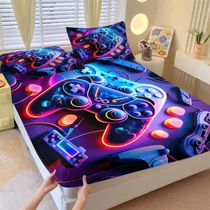 3-Piece E-Sports Game Themed Bedding Set, Colorful Game Controller Pattern Printed Fitted Sheet Set, Suitable for Bedroom Decoration on Gaming Days, Simple, Fashionable, Soft, Comfortable and Skin Friendly, Including 1 Fitted Sheet and 2 Pillowcases