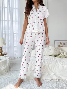 Women's Heart & Cherry Print Lace Trim Pajama Set, Slim-Fit Short Sleeve Soft Loungewear, Thin Fabric Casual Nightwear Homewear for Spring Summer & Fall
