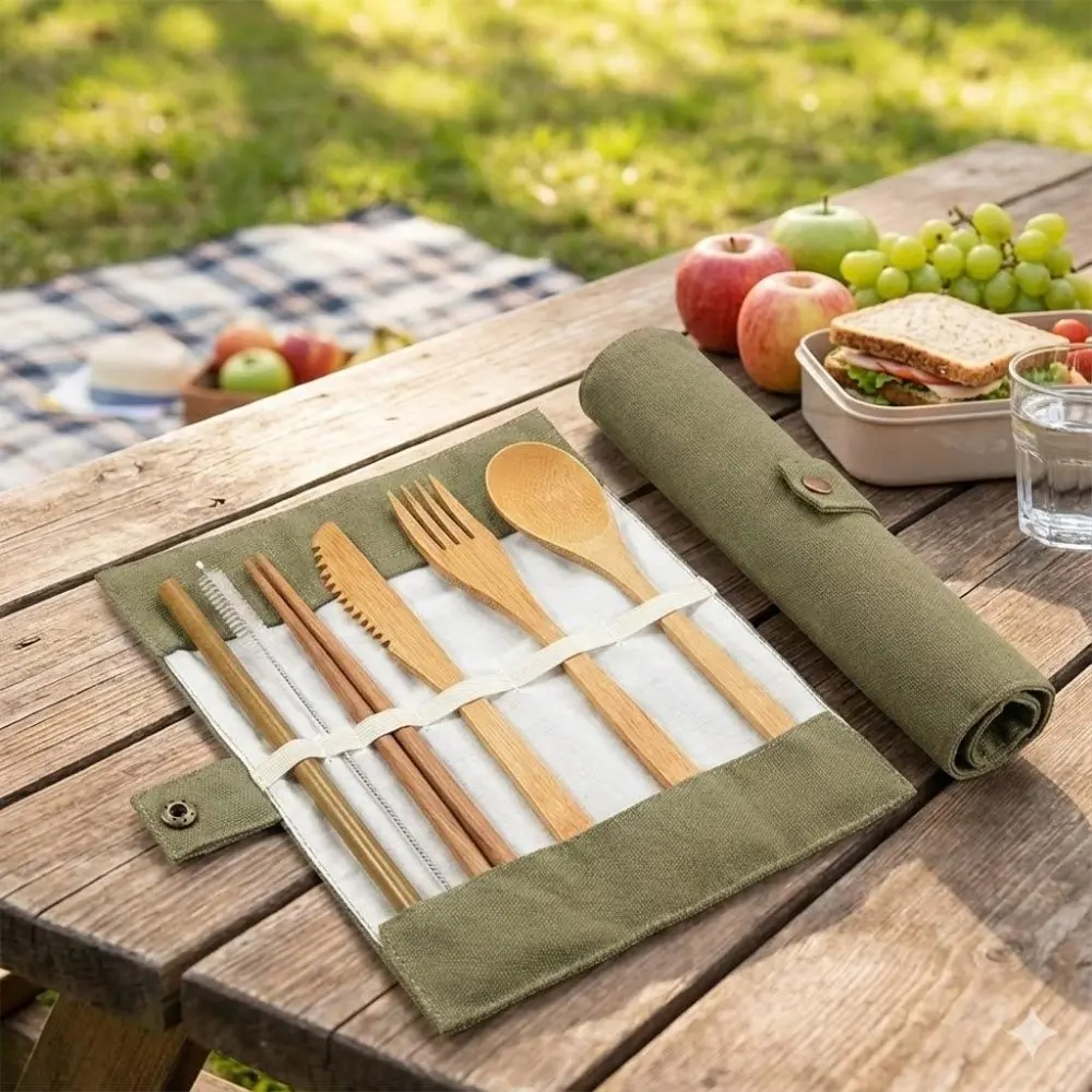 Eco-Friendly Bamboo Travel Utensil Set, Reusable Camping Cutlery with Charcoal Brush - Food Grade, Portable for Outdoor Picnics, Sustainable Dishware Kit