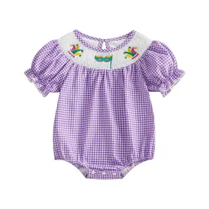 Baby Girl MardiGras Romper Plaid Crown Embroidered Short Sleeve Jumpsuit Casual Summer Spring Clothes, 0-3 Months
