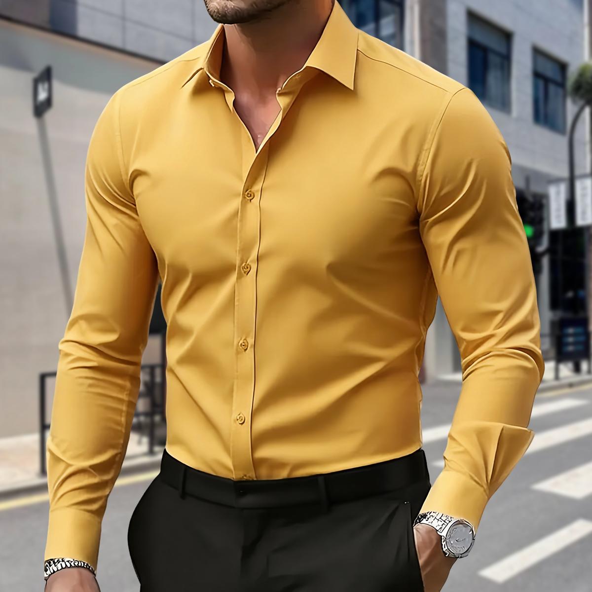 Men's Business Shirt - Simple and Minimalist Daily Wear for Work Settings. Durable and Long-lasting High-Quality Sewing. Smooth Texture. Classic Colors of Black, White and Blue. Breathable with Ice Silk Technology, No Sweating Problem.