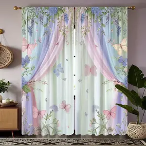 Floral Butterfly Print Transparent Curtains, Lightweight Polyester Fabric, Rod Pocket Design, Easy to Hang, Home Decor, Window Curtain