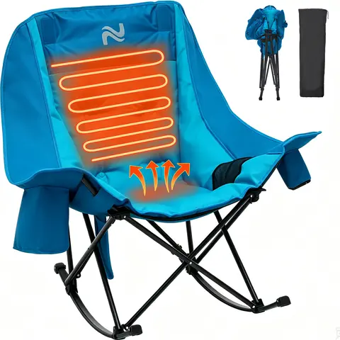 ABORON Heatable Foldable Rocking Camping Chair - Adult Oversized Padded Oxford Cloth Chair with Neck Support, USB Port, Side Pocket, for Campfire, Picnicking, Compact Portable Outdoor Furniture 【Battery Not Included】