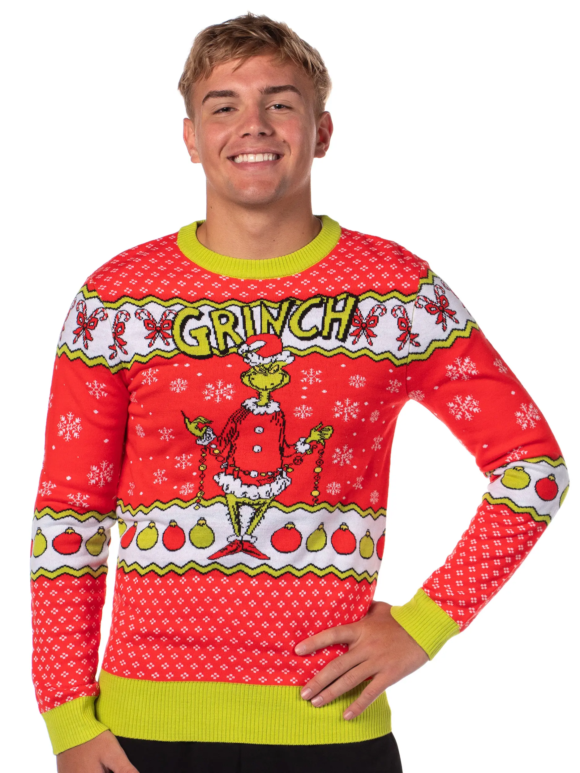 Dr Seuss The Grinch Men's Snowflakes Fair Isle Adult Holiday Ugly Christmas Sweater