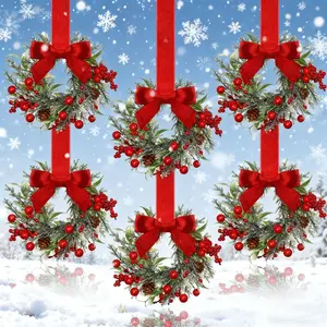 6-Pack Mini Christmas Wreaths with Ribbon Bows - Small Cabinet & Door Decor with Red Berries, Farmhouse Style Holiday Arrangements