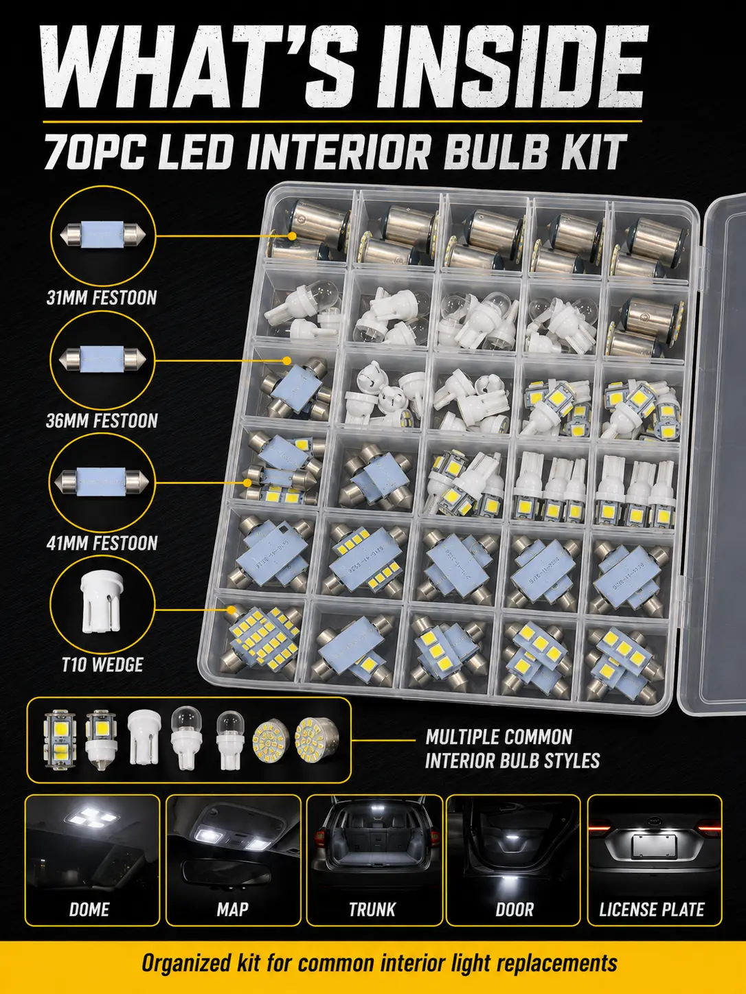 70Pieces LED Car Interior Lights Bulb Kit - LED Dome Light 31mm 36mm 41mm T10 for Car Interiors Map Dome Trunk Cargo Door Courtesy License Plate Light White