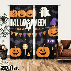2D Flat 2Pcs Halloween Decoration Window Curtains, Pumpkin Ghost Bat Pattern, Black Background, Trick or Treat Theme, Rod Pocket Design, Semi Sunshade Polyester Fabric, for Living Room Bedroom Kitchen Home Decor, Treatment Panels, Holiday
