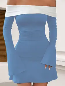 graduation dress Women's Color Blocked Strapless sundress One Neck Off Shoulder Cinched Waist Slimming Dress monica  lewinsky  blouse Casual Blue birthday dresses vacation dresses